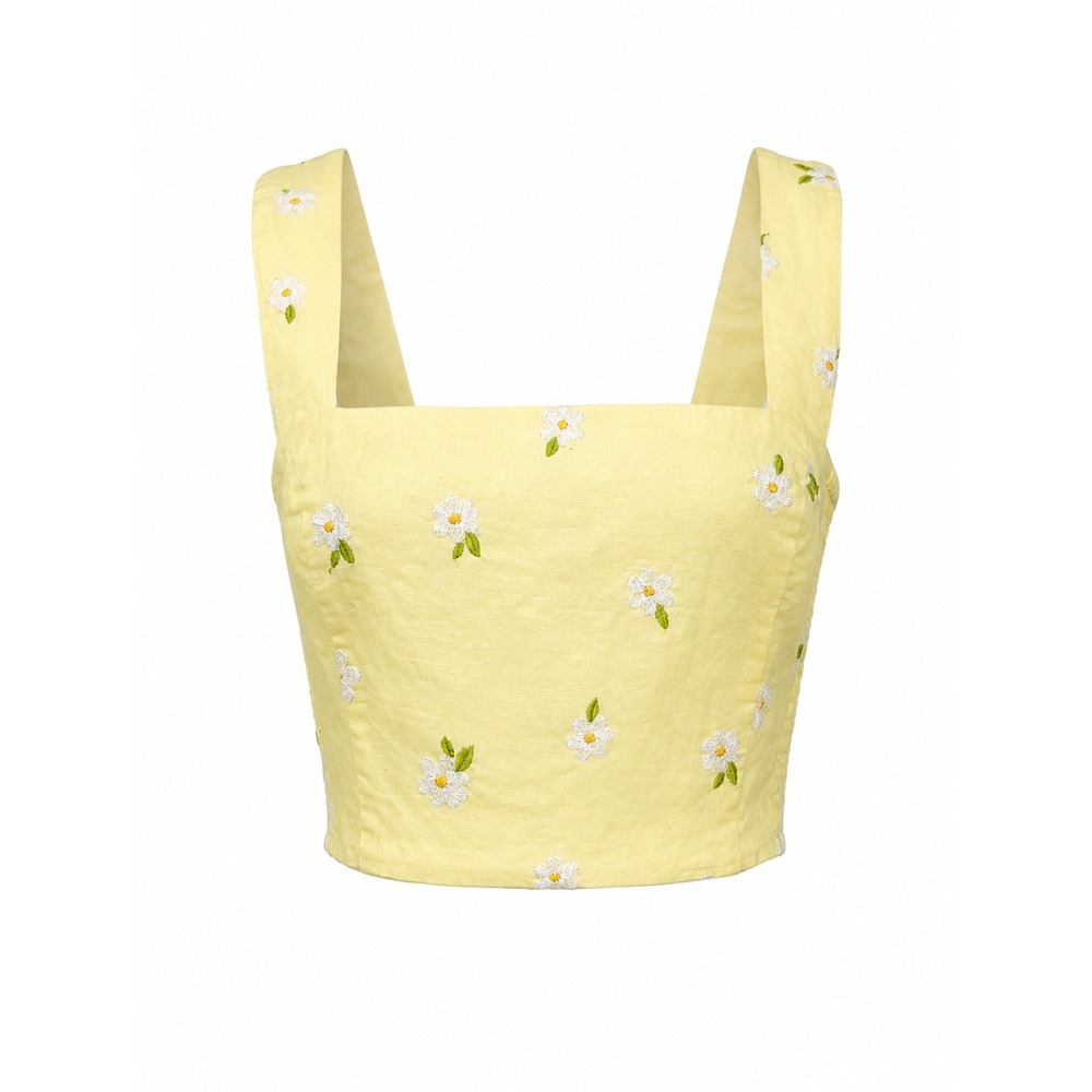 Forever 21 Yellow Embroidered Daisy Linen Blend Smocked Crop Top L